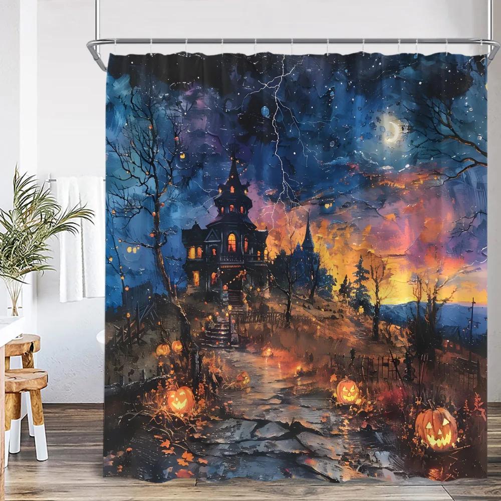 Rideau douche nuit effrayant maison hantée, décor à capuche effrayant, rideau de bain d'Halloween