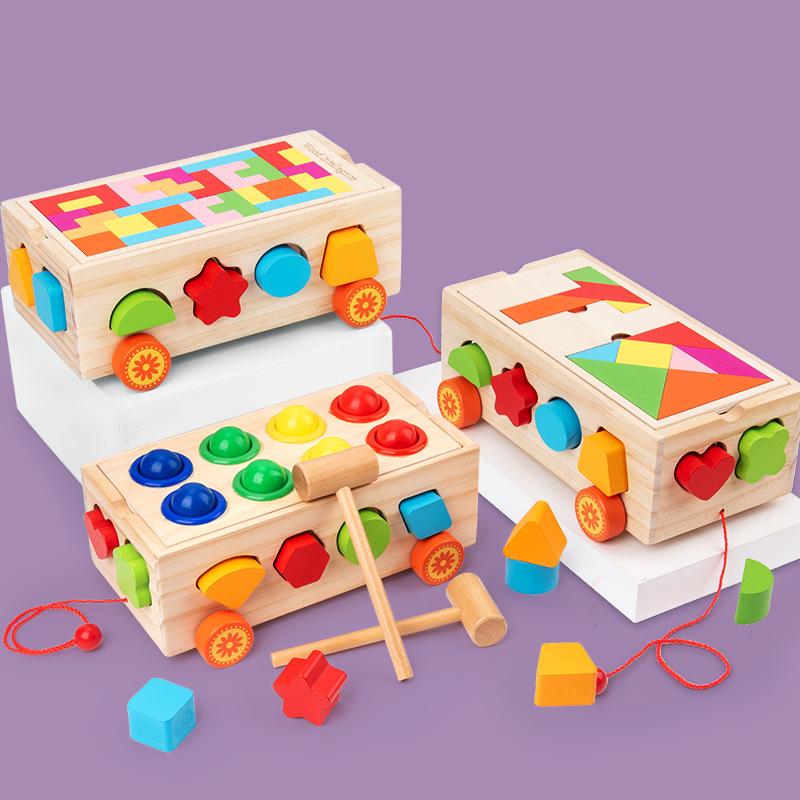 Wooden Educational Pull-Along Toy Car with Shape Matching and Colorful Geometric Blocks