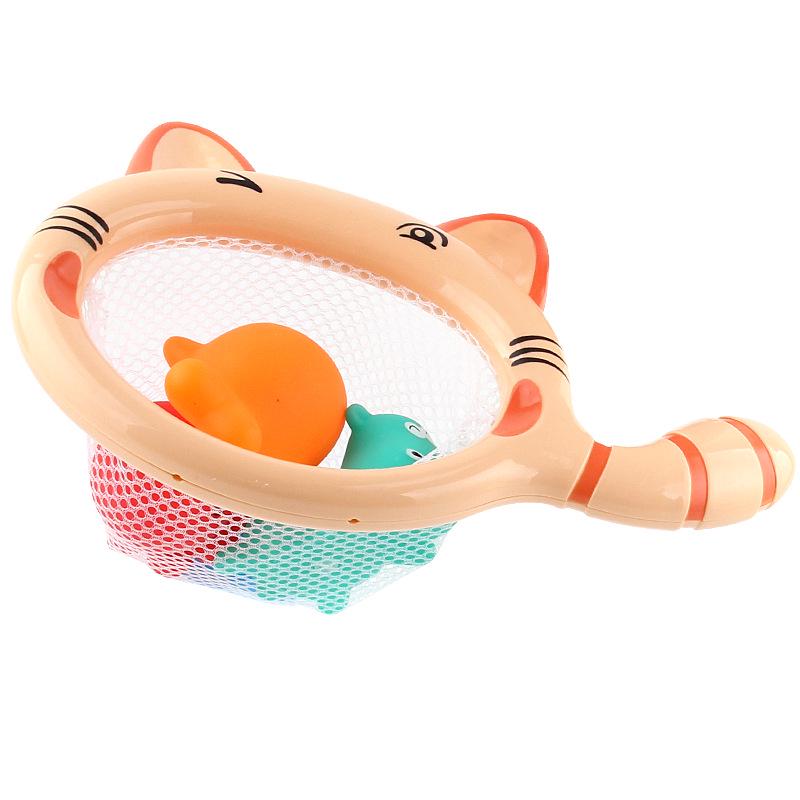 Children'S Water Bath Toy Baby Kitten Fishing Net Cartoon Animal Set Bb Pinch Sound, Water Spray Model