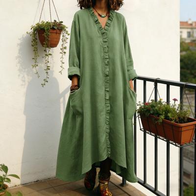 Damen Rüschenbesetztes V-Ausschnitt Kleid Sommerlich Lässig Locker Langarm Maxikleid Fließend Boho Strand Sommerkleid mit Taschen