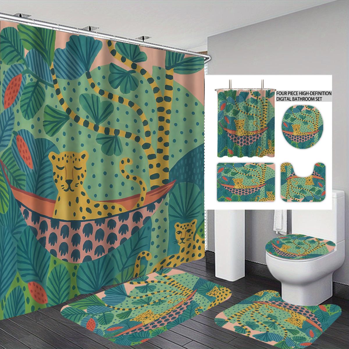 Bathroom Four-Piece Leopard 3D Digital Printing Shower Curtain Set Non-Slip Floor Mat Floormat40x60cm