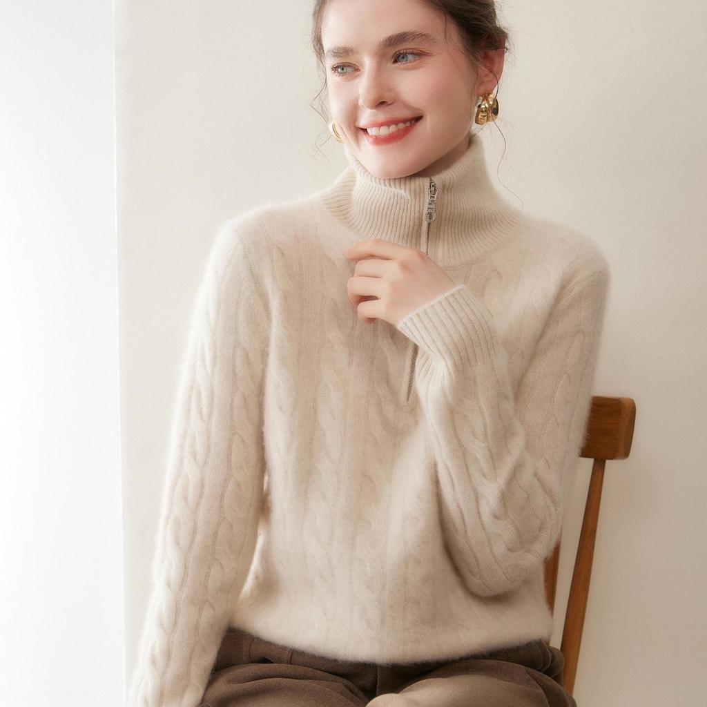 Women's Retro High-Neck Cashmere Sweater - Half-Zip, Loose-Fit for Autumn/Winter.