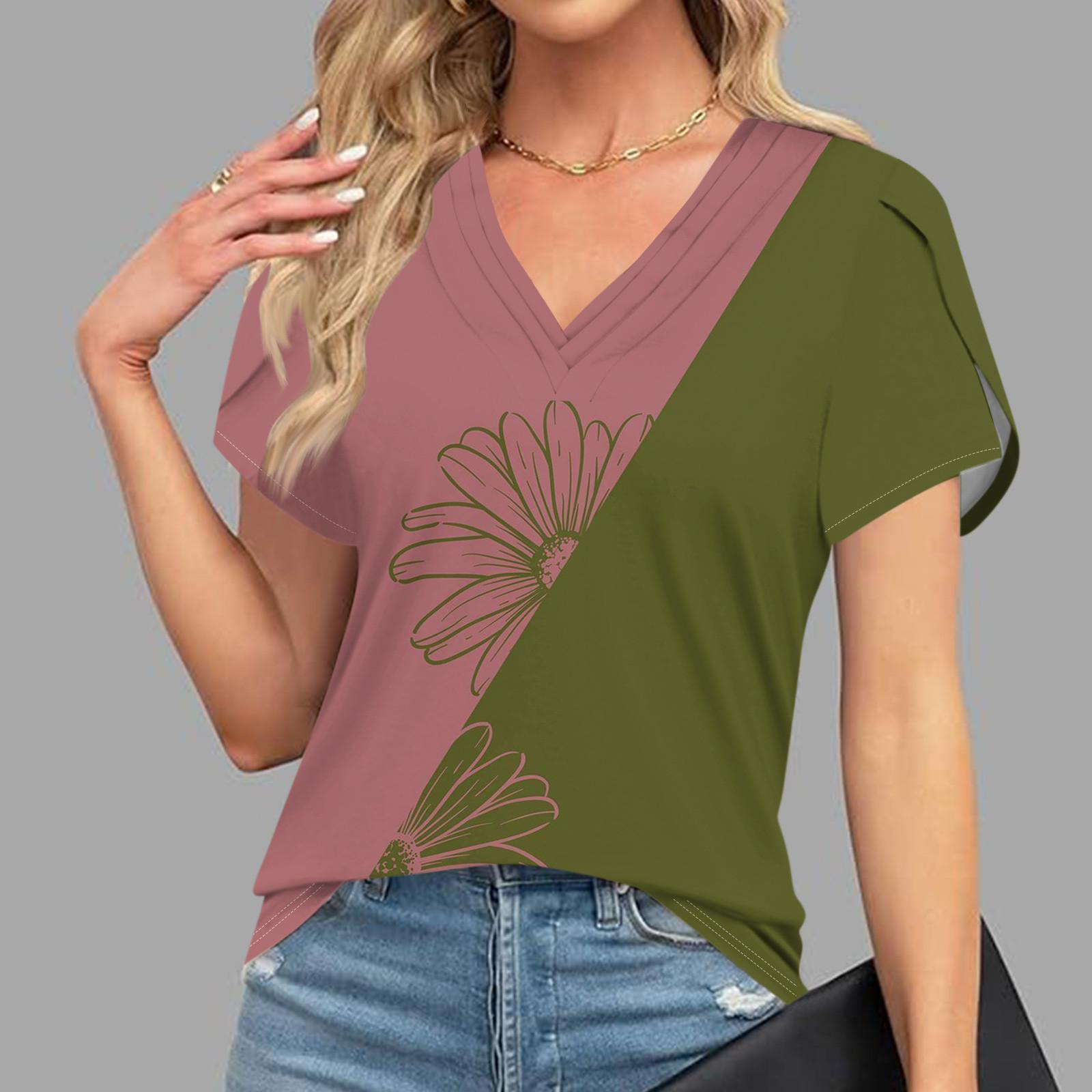 

Блузки для женщин, нарядные повседневные, модные футболки с короткими рукавами и ретро-принтом, уникальный дизайн, большие футболки с v-образным вырезом L армия зеленый