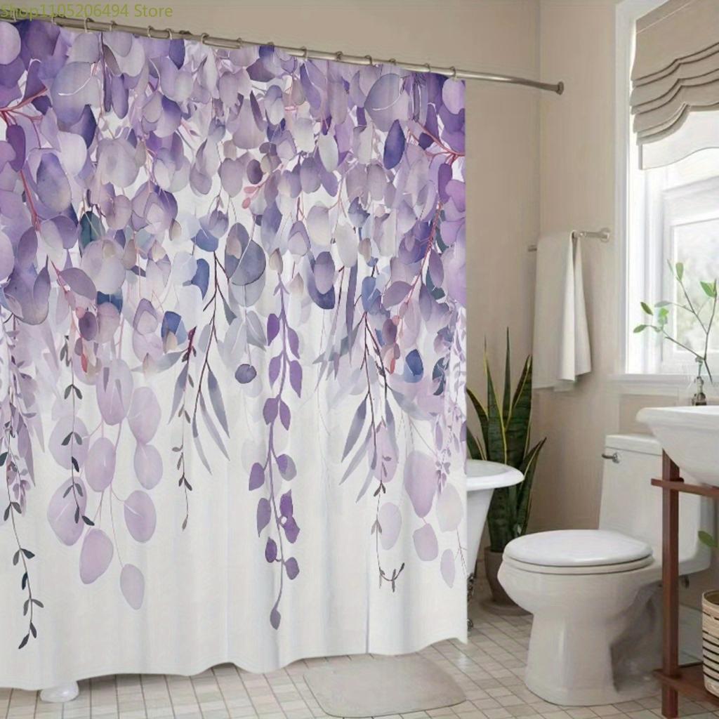 1pc Purple Leaf Print Watercolor Shower Curtain - Floral Botanical Bathroom Decor with Hooks, Machine Washable Polyester Fabri