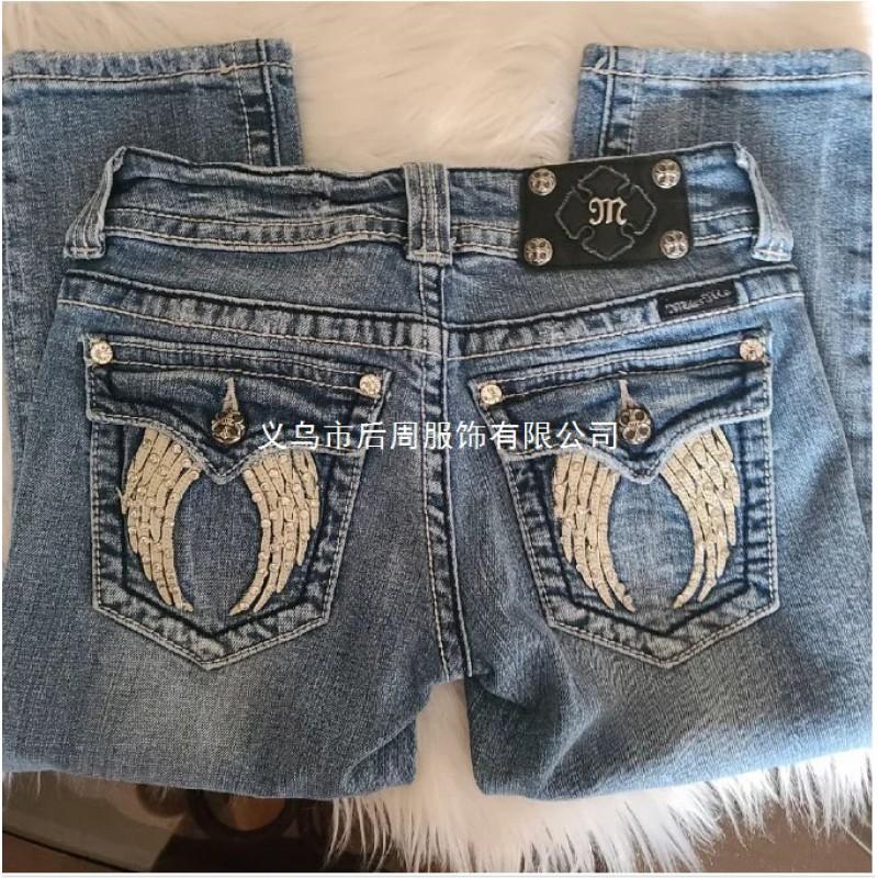Y2K Vintage Denim Jeans Women Embroidered Wing Pocket Slim Fit Mid-Rise Cotton Blend Retro Streetwear