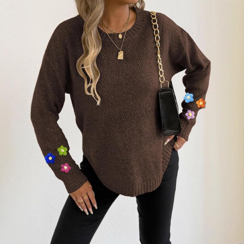 Women European Size Long Sleeve Crew Neck Crochet Flower Patchwork Pullover Sweater