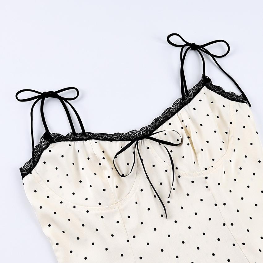 Women Polka Dot Corset Top Lace Trim Tie Shoulder Straps Bustier Slim Fit Satin Camisole Summer Party Clubwear Going Out Crop Top