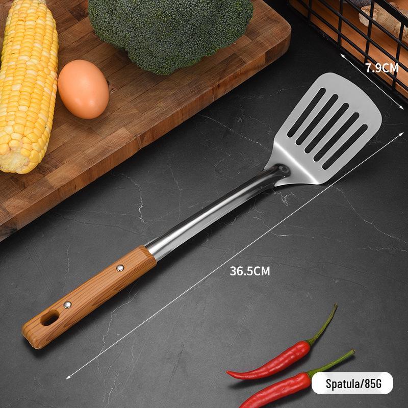 Stainless Steel Kitchen Utensil Set: Slotted Spoon, Soup Spoon, Frying Pan Spatula, Rice Spoon, Stir-fry Spatula.