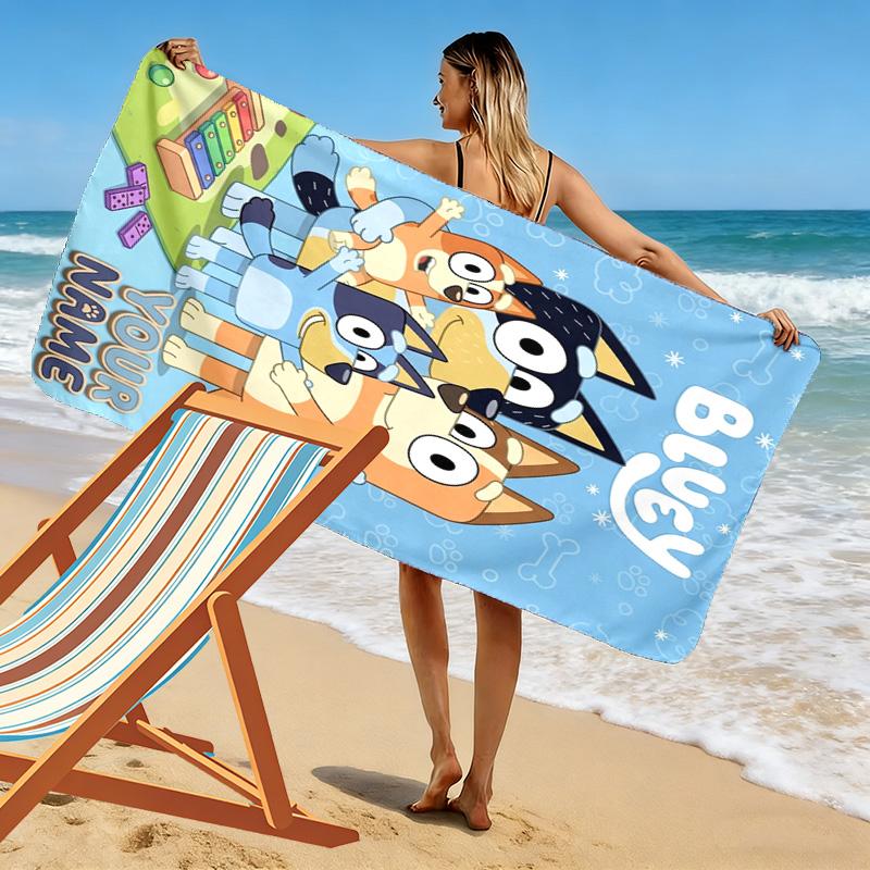 Name Custom Bluey Cartoon Print Beach Towel, Large Soft Quick Dry Towel for Beach Camping Swimming
