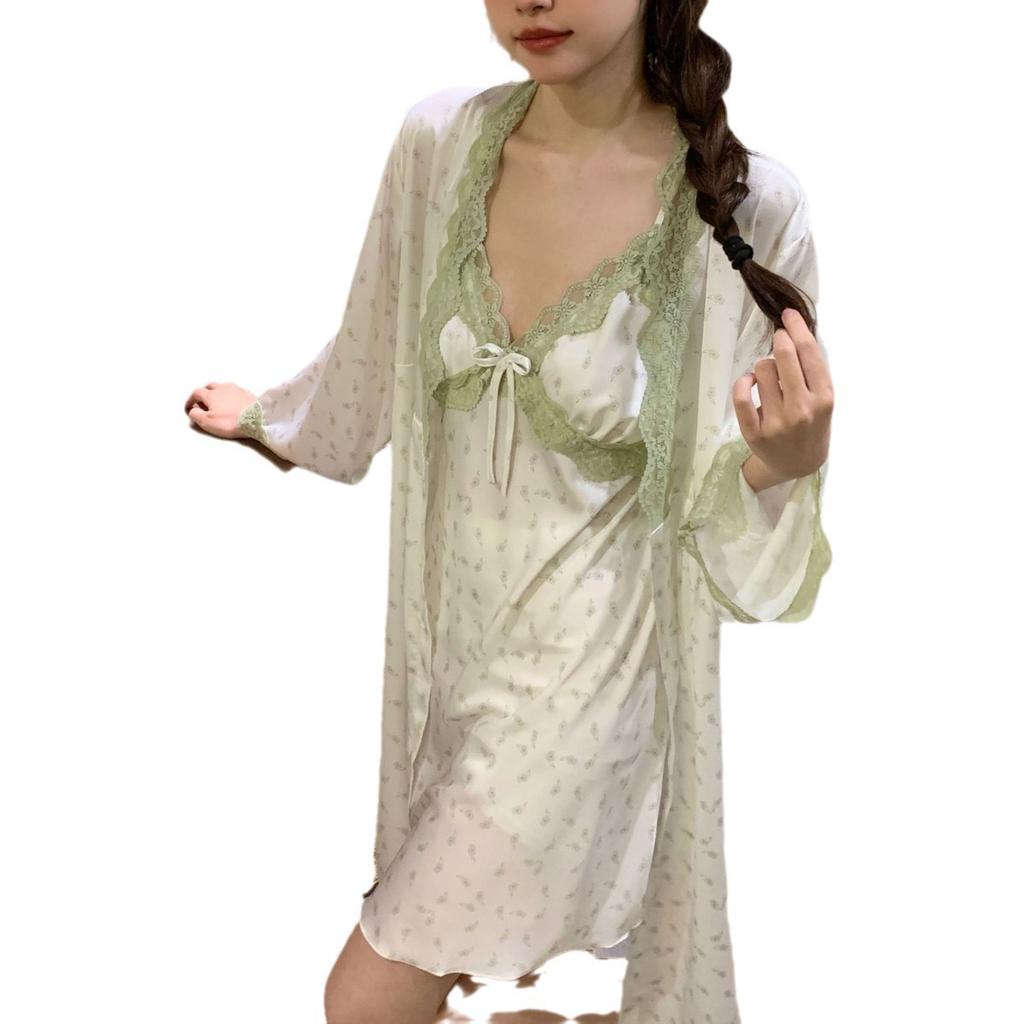 Pajamas sexy temptation women suspender nightgown ice silk spring new long-sleeved loungewear simulation silk nightdress summer