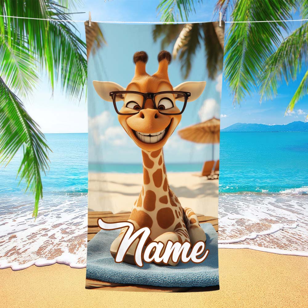 1 pz Asciugamano da Spiaggia Divertente Personalizzato con Giraffa Cartone Animato, Asciugatura Rapida Senza Sabbia con Nome Personalizzato per Vacanze Estive