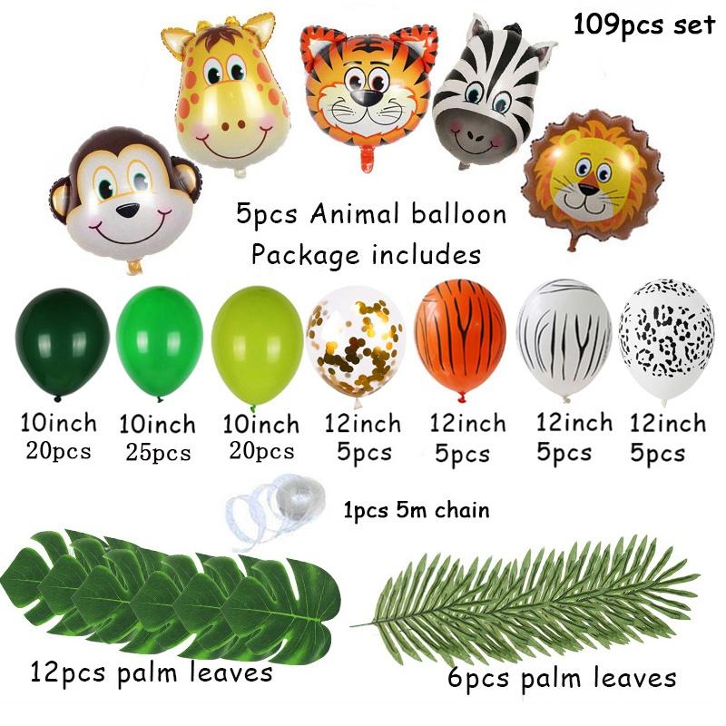 109pcs Palm Leaf Animal Balloons Garland Arch Kit Jungle Safari Party Supplies Favors Kids Birthday Party Baby Shower Boy