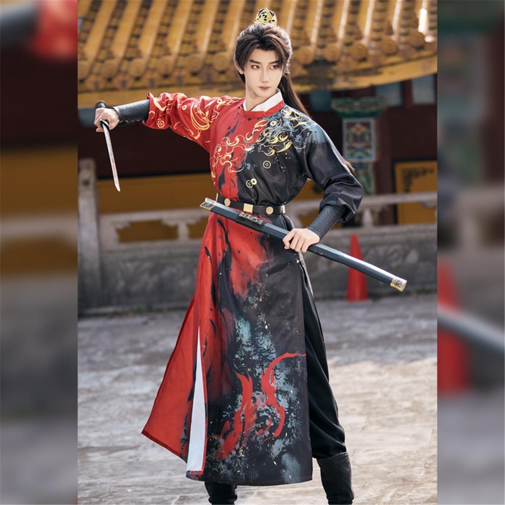Chinese Tang Dynasty Style Round Neck Robe And Hanfu Daily Printed Suit For Handsome Male And Female Knights