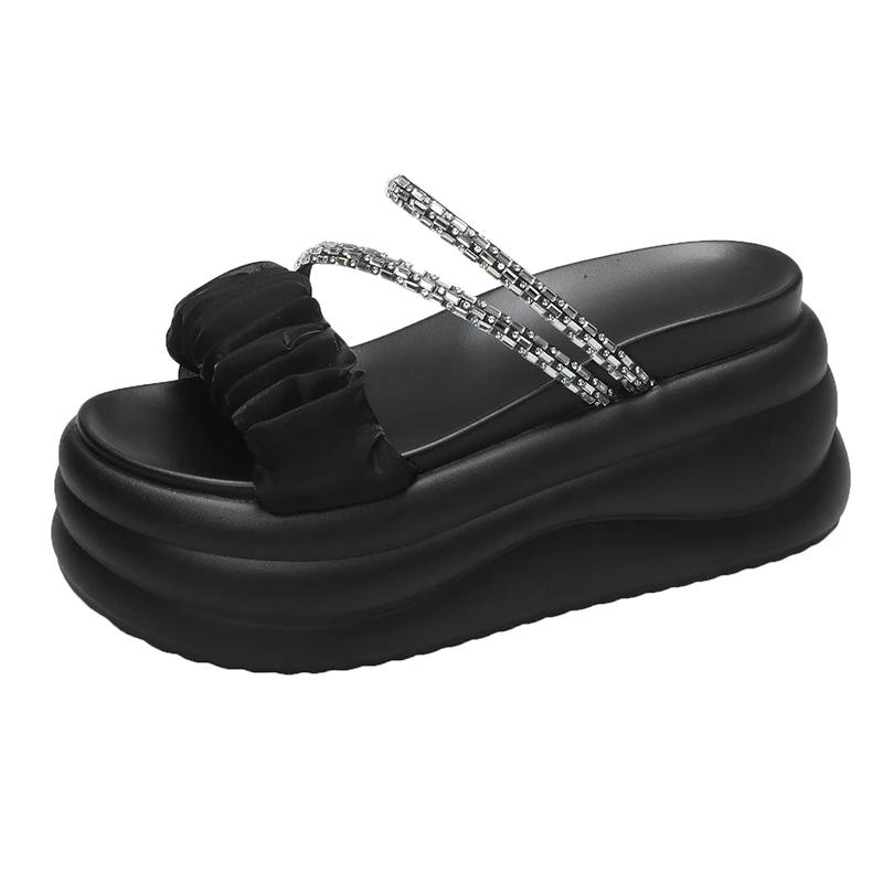 

Модные женские туфли на танкетке высотой 8,5 см, летние блестящие шлепанцы на платформе, туфли на высоком каблуке, женские босоножки Pantofle из мягкой желеобразной микрофибры с кристаллами 34 чёрный