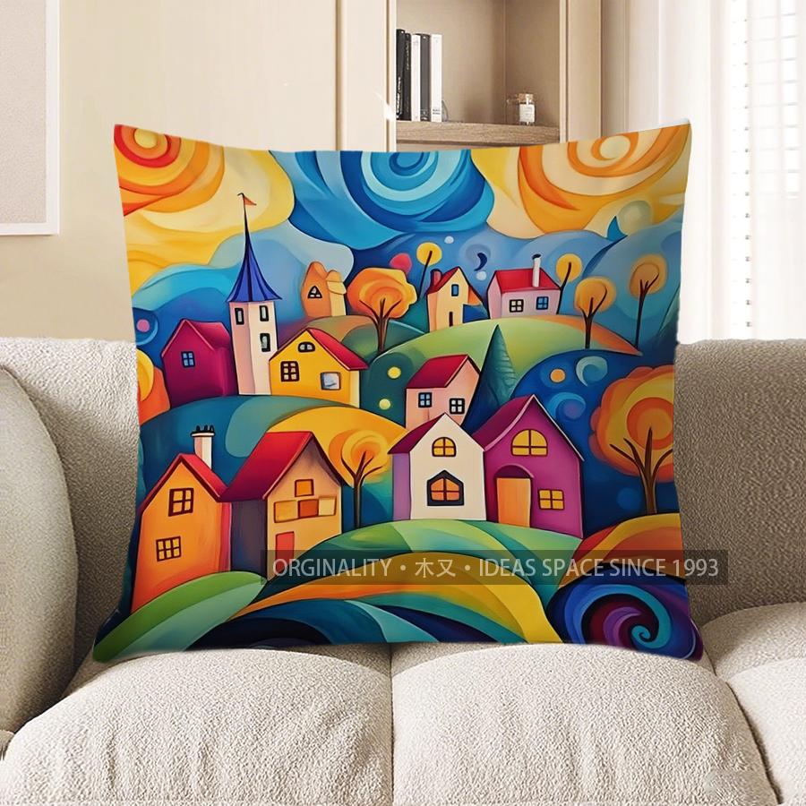 Home Decor Colorful Village Landscape Pattern Pillow Cover Pattern Cushion Cover Suitable For Sofa Bedroom Car Pillow Cover