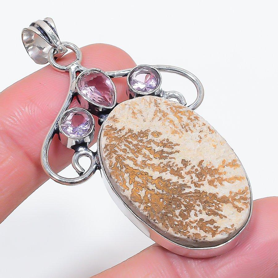 Natural Psilomelane Dendritic, Kunzite 925 Sterling Silver Pendant 2.36" q0t72