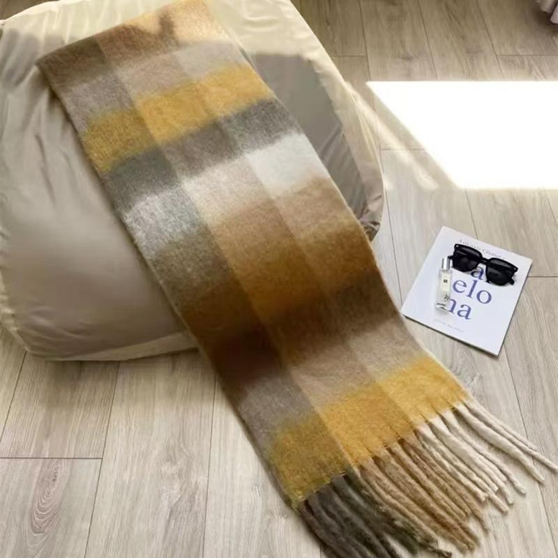 White cream blue and white plaid mohair scarf women's versatile shawl fluffy warm scarf