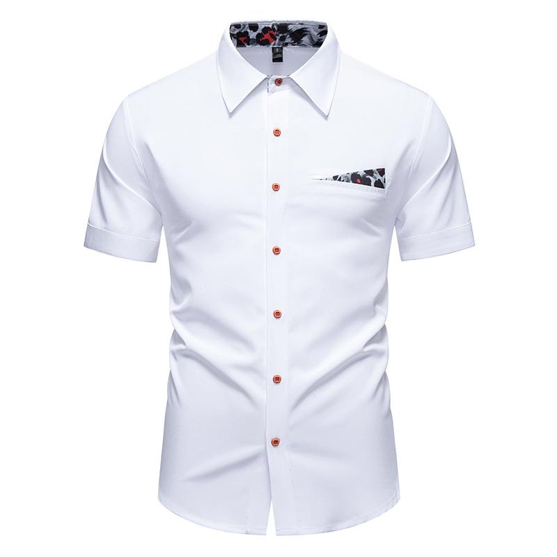

Мужская черная рубашка с коротким рукавом - Контрастный воротник и карман с леопардовым принтом, приталенный крой, повседневная и полуформальная S белый