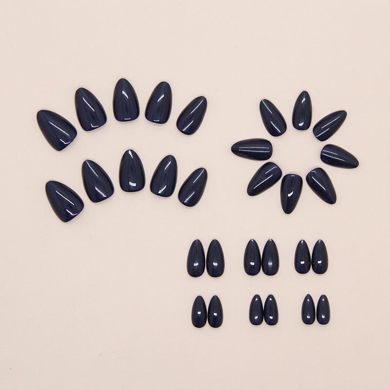 Simple deep sea blue temperament white short almond nail European and American ins style nail art press on nails