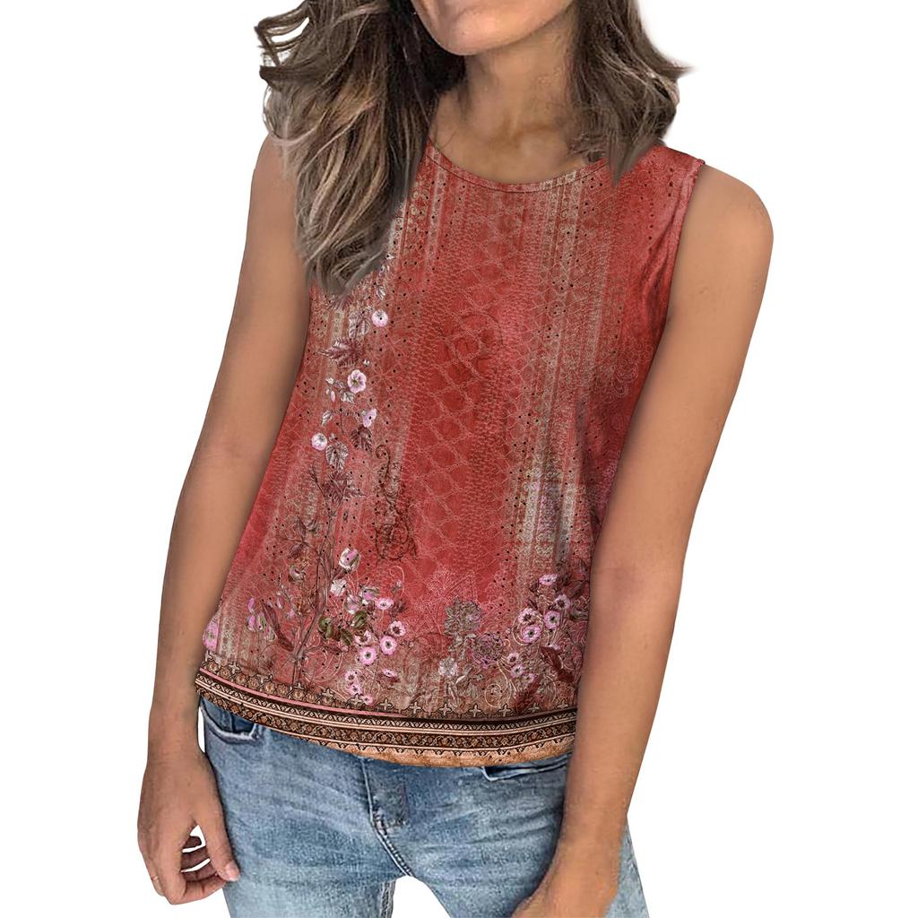 Women's Loose Fashion Casual Vintage Floral Print Crew-neck Sleeveless Summer Vest
