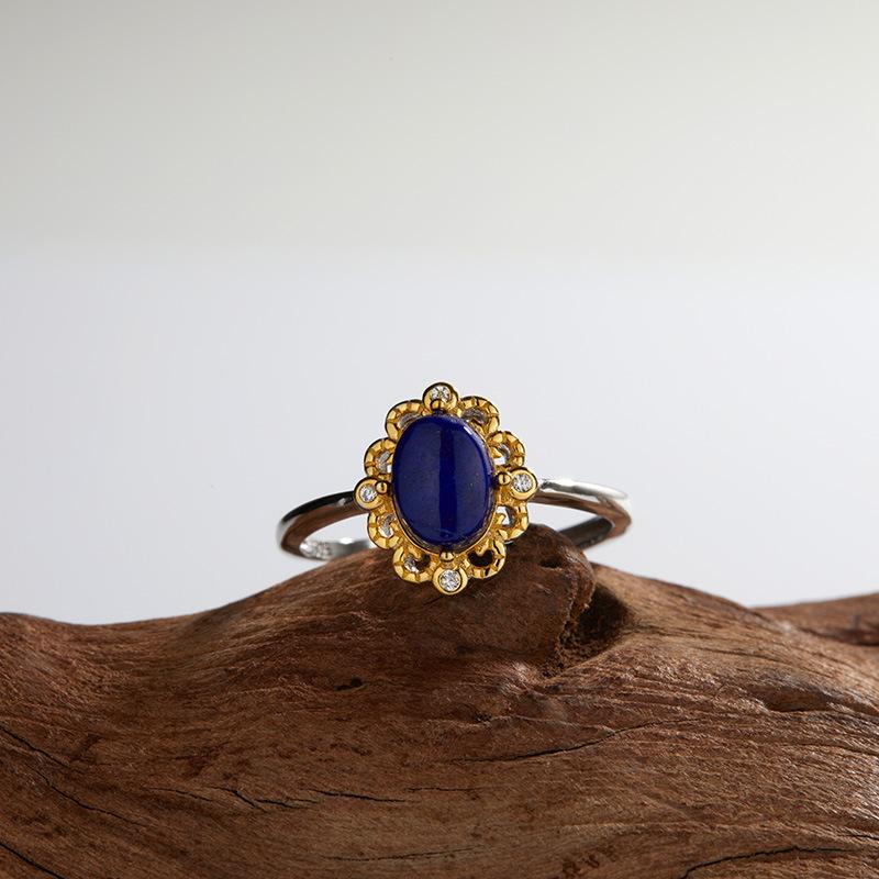 Color Treasure Ring S925 Sterling Silver Inlaid With Natural Topaz Lapis Lazuli Flower Ring Women'S Fashion Versatile Open Ring