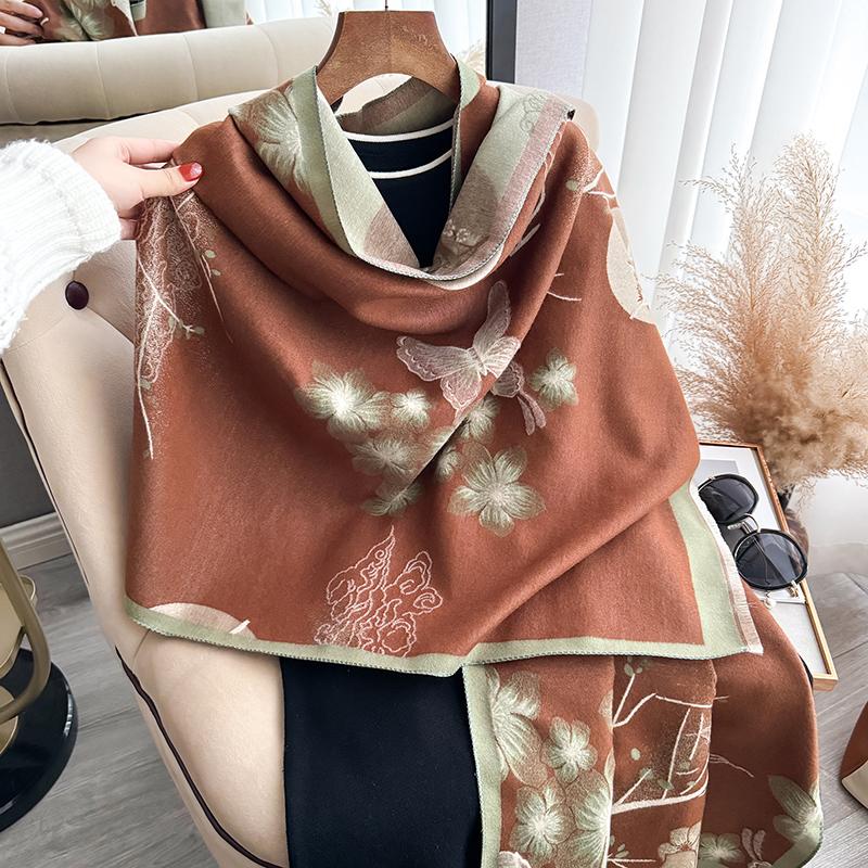 Eșarfă de Toamnă și Iarnă Îngroșată de Designer pentru Femei Eșarfă de Lux cu Flori Față-Verso Faux Cașmir Șal Călduros Nou