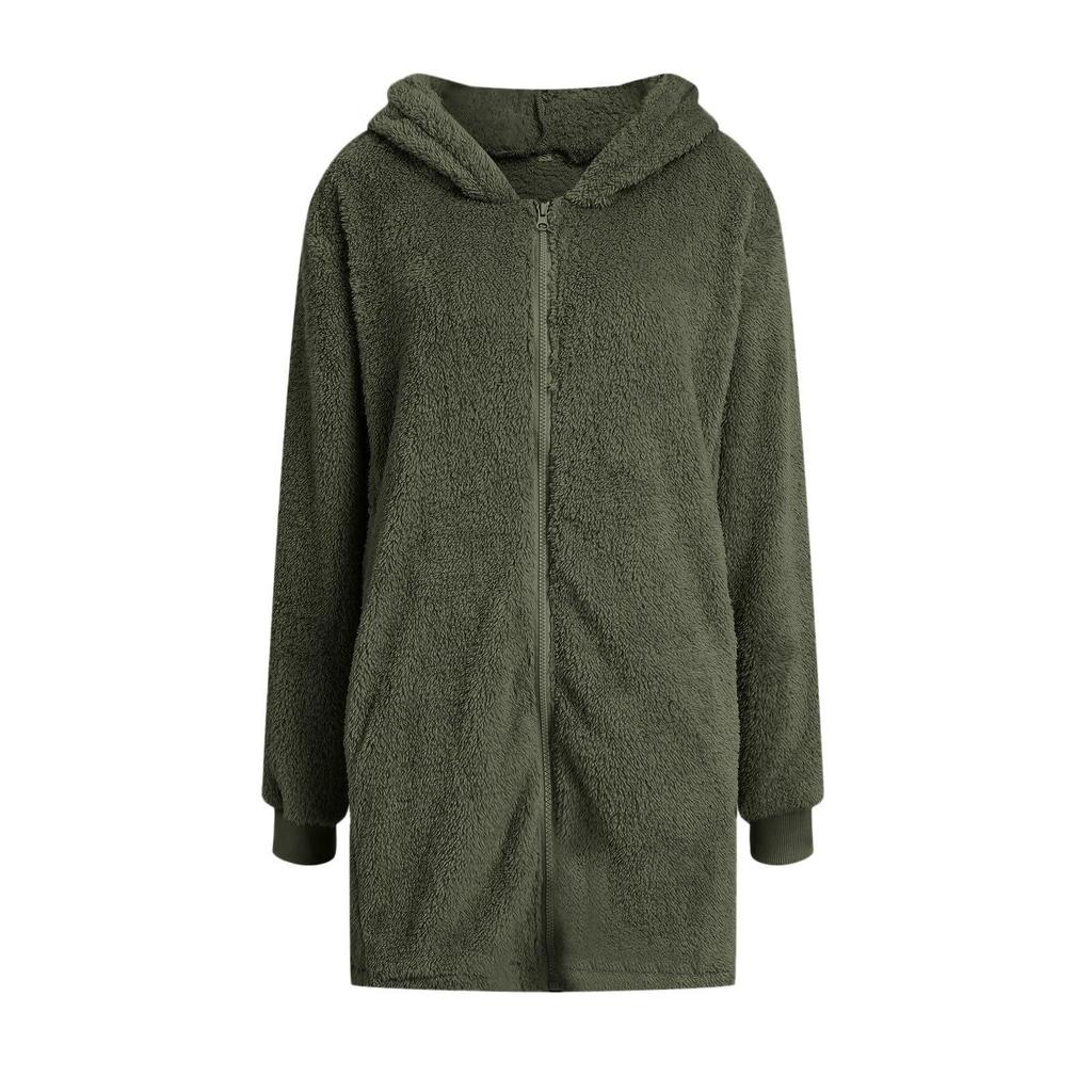 2024 European Winter Women's Long Sleeve Hooded Plush Zipper Cardigan Coat