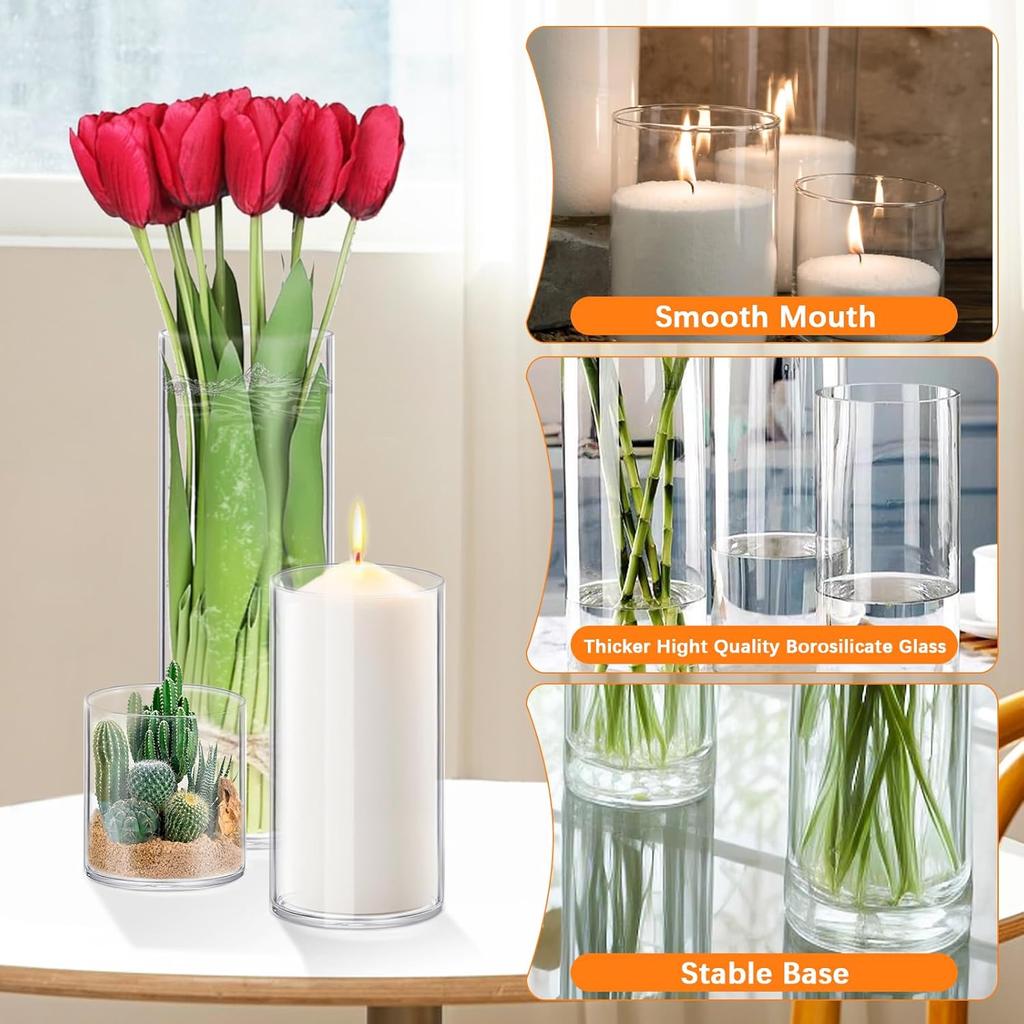 48 Pack Glass Cylinder Vases 4,6,8,10 Inch Tall Clear Flower Vase Hurricane Floating Candle Holder for Table Centerpiece Wedding