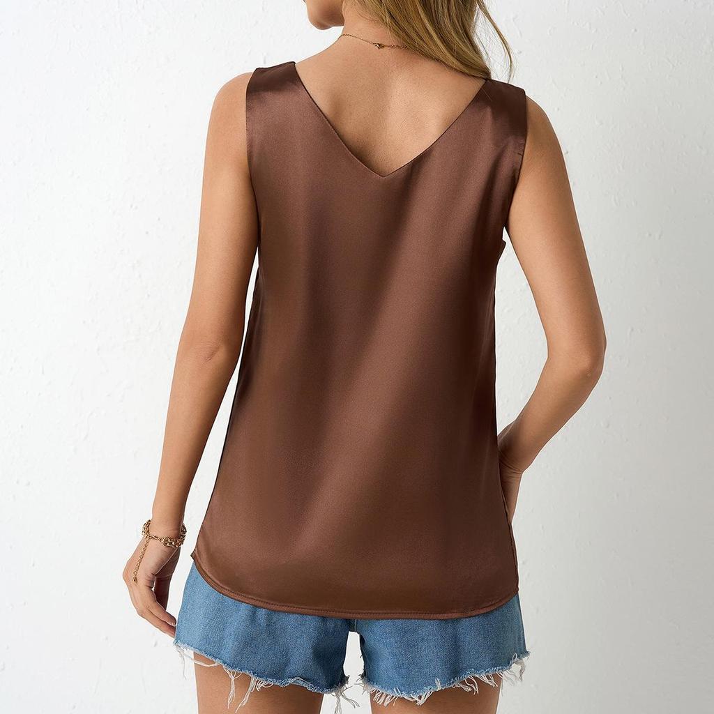 Gilet en satin pour femme, col en V, décontracté, dos nu, sans manches, printemps-été