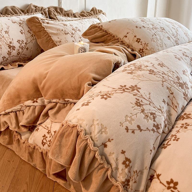 French Lace Thickened Milk Fleece Bed Four-Piece Set Double-Sided Fleece Quilt Cover Coral Fleece Princess Style Bed Sheet