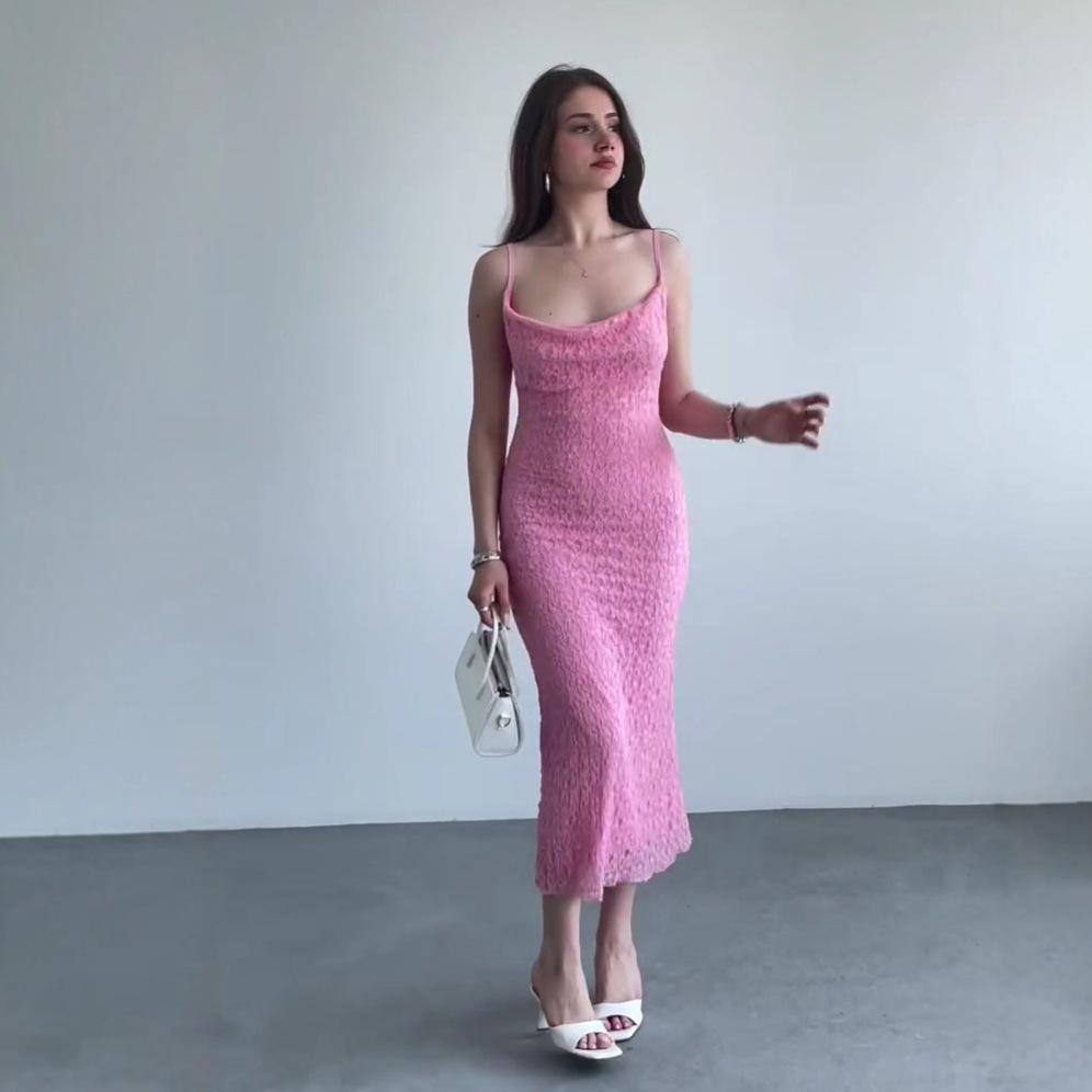 

2025 Summer European and American Backless Sling Dress - Casual, Sexy, and Slimming Temperament XXXL рожевий