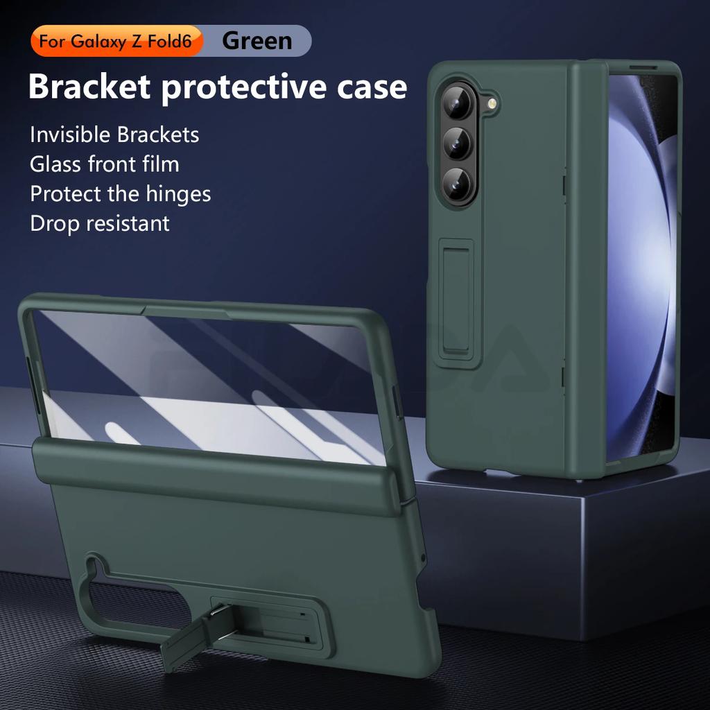 Luxuriöse Ultra Dünne Hautgefühl Halterung Hülle Faltbares Scharnier mit Gehärteter Folie Hartschalen Zubehör für Samsung Galaxy Z Fold 6 5 4 3 Ständer mit Halter