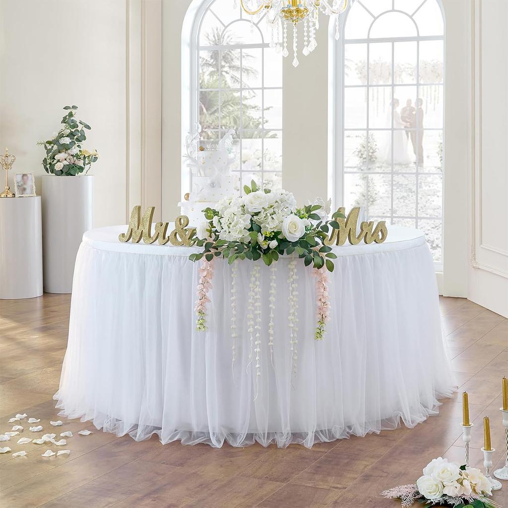 1pc White Mesh Table Skirt with Gold Edge, One Layer of Cloth, Two Layers of Yarn Velcro Table Skirt, Wedding Party Decorations