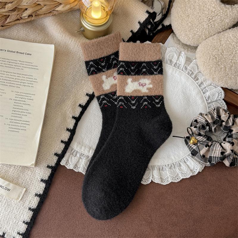 Katong Little Dog Retro Australian Fleece Socks Women's Autumn and Winter Mid-calf Socks Thickened, Warm and Versatile, School Style