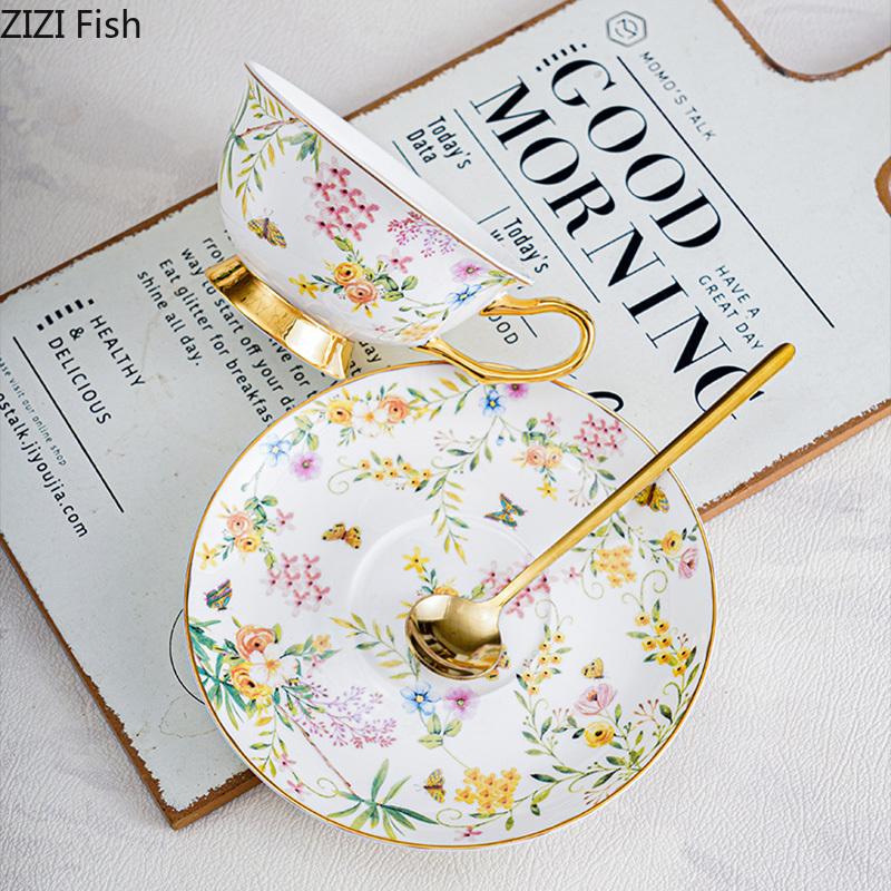 Gold-plated Flowers Pattern Ceramic Cup&saucer Dining Table Coffee Cup Milk Mugs Afternoon Tea Teacup Fruit Juice Container