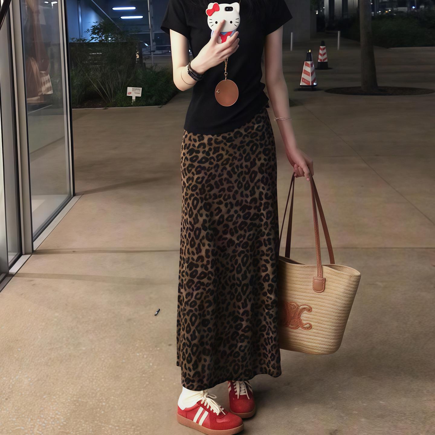 

Юбка миди А-силуэта большого размера с леопардовым принтом - Летняя тонкая, облегающая бедра, подходит для фигуры типа груша L [Recommended for 50-60 kg] цветной печати леопарда