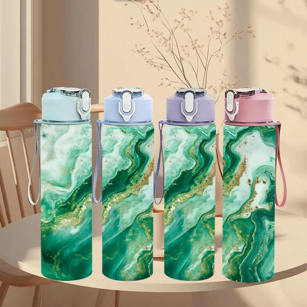 1PC Green Marble Swirl Agate Texture Background 750ml Color Plastic Sports Water Bottle Leakproof Flip Straw Lid Suitable for Sports Office Home Use