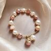 Barockperlen-Katzenarmband für Damen, Rosa & Champagner Süßwasserperlen-Charmsarmband, Französischer Retro Süßer Kätzchen Schmuck Geschenk