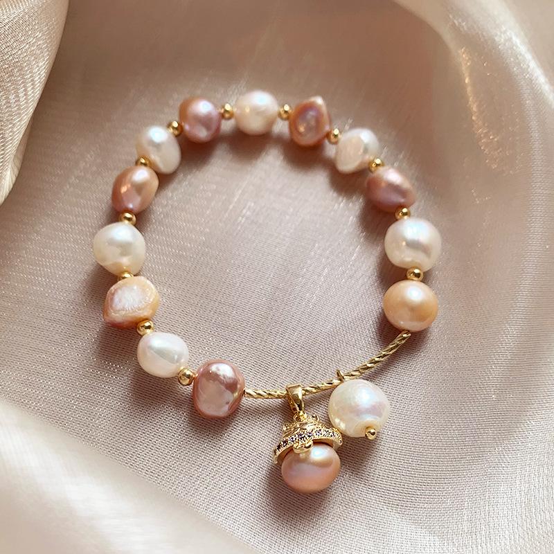 Barockperlen-Katzenarmband für Damen, Rosa & Champagner Süßwasserperlen-Charmsarmband, Französischer Retro Süßer Kätzchen Schmuck Geschenk