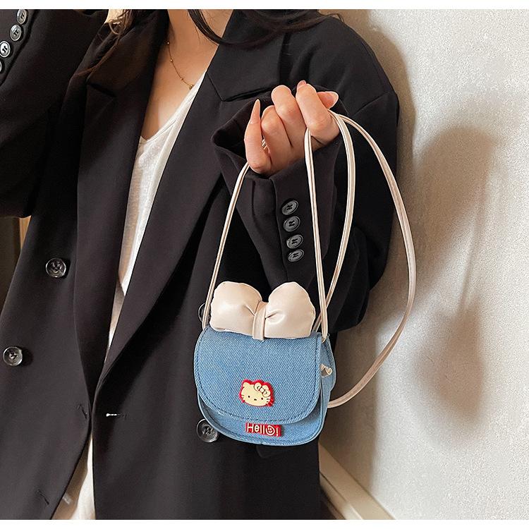 Cute Cat Bow Knot Denim Mini Wallet Fashionable Cartoon Crossbody Purse for Women KTB