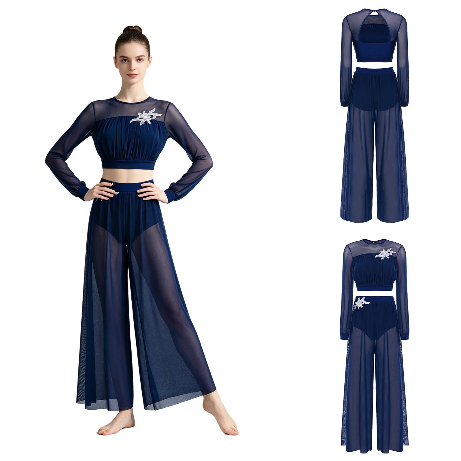 Women Lyrical Dance Sequined Applique Lantern Sleeve Backless Crop Top with Built-in Briefs Sheer Mesh Pants Flowy Dancewear Set S темно-синий