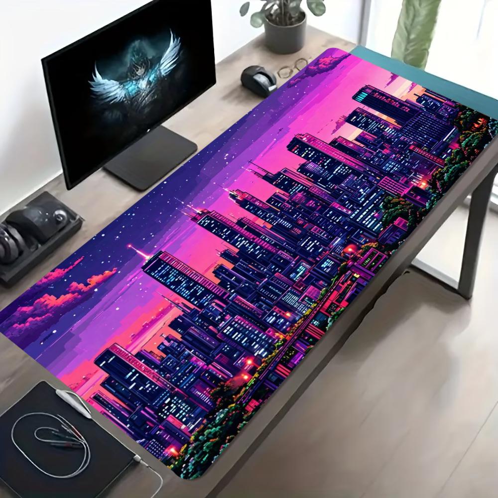 Cyberpunk City Neon Night Large Mouse Pad Non Slip Rubber Base View Print Gaming Desk Mat Mousepad For Gamer Desk Workspace