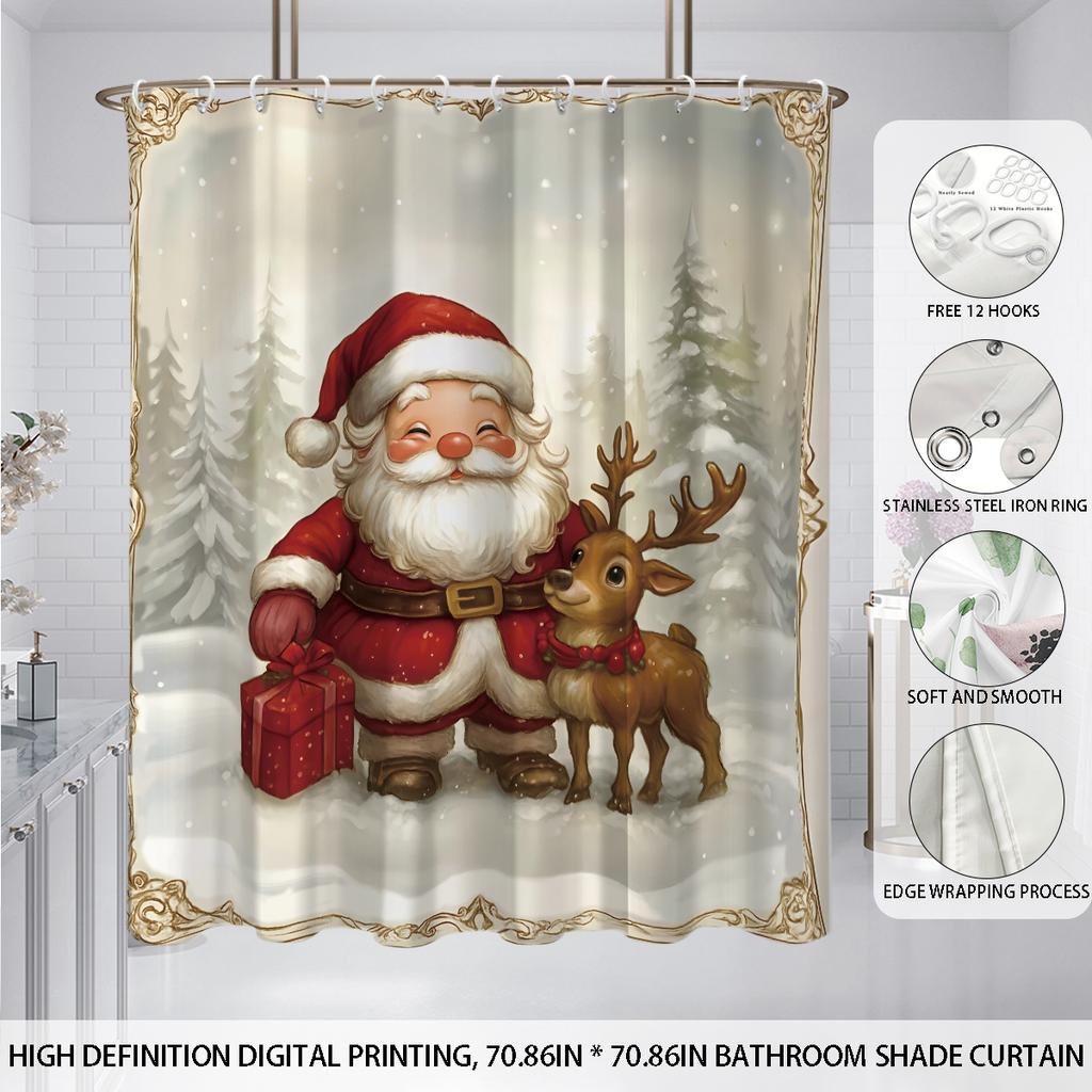 1Pc Santa Claus Print Waterproof Perforated Shower Curtain Bathe Partition Privacy Multi Size With 12 Hooks Easy Installation