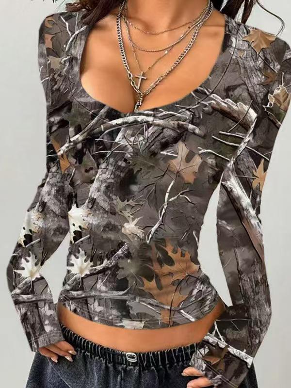 

European Fashion 2025 Women s Retro Camouflage Tree Branch Pattern U-Neck Slim Fit Cropped T-Shirt S темно-серого