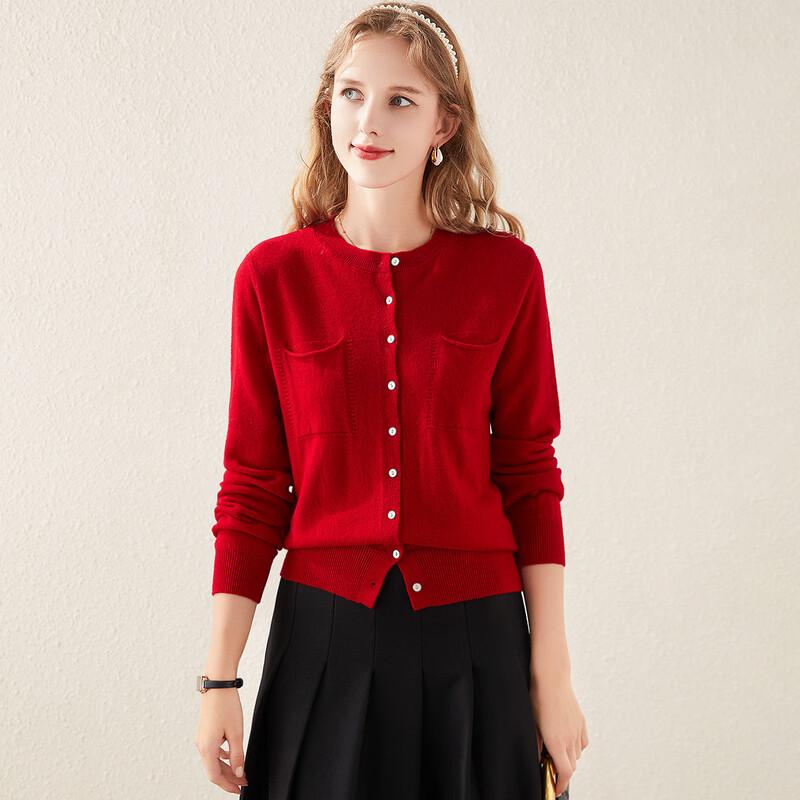 TUHUANG Women's Pure Wool Round Neck Cardigan Sweater