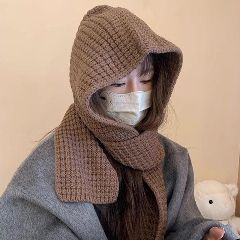 Damen Herbst Winter Verdickte Warme Wollmischung Mütze und Schal Integrierte Strickmütze mit Schal