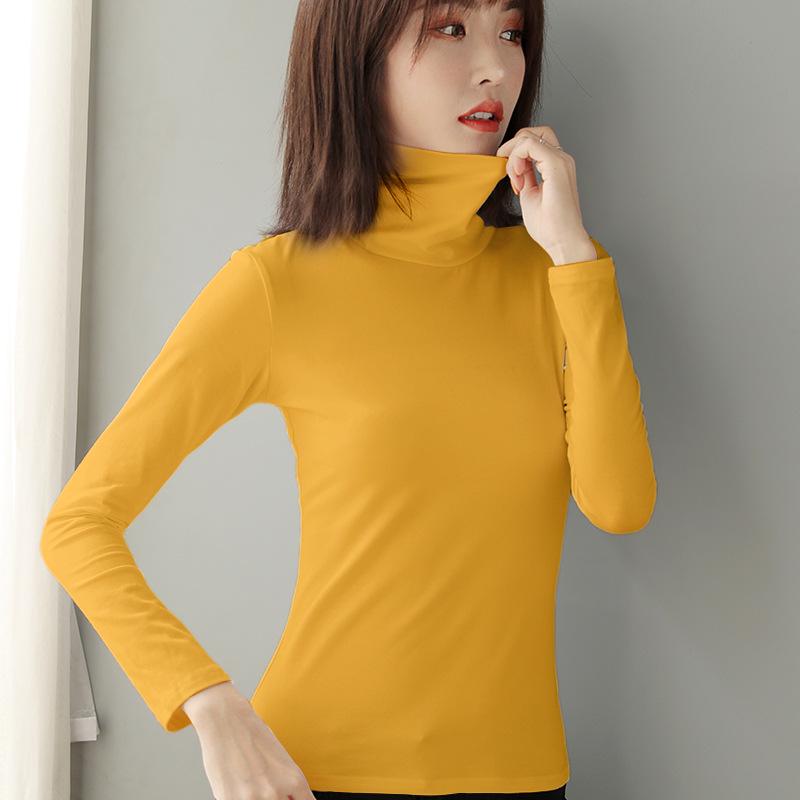 Women's Slim Fit High Collar Cotton Long Sleeve T-Shirt for Autumn and Winter