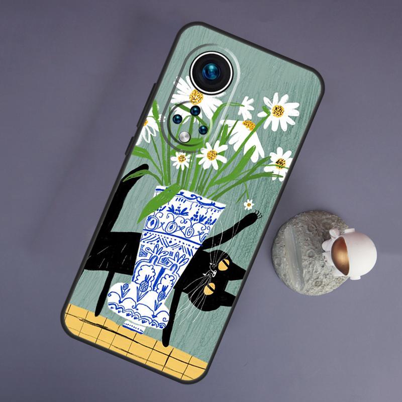 Black Cat Cartoon Cute For Huawei Honor Magic 5 Lite 70 50 X8 X9 a P20 P30 P40 P50 P60 Pro P Smart Nova 9 5T Case