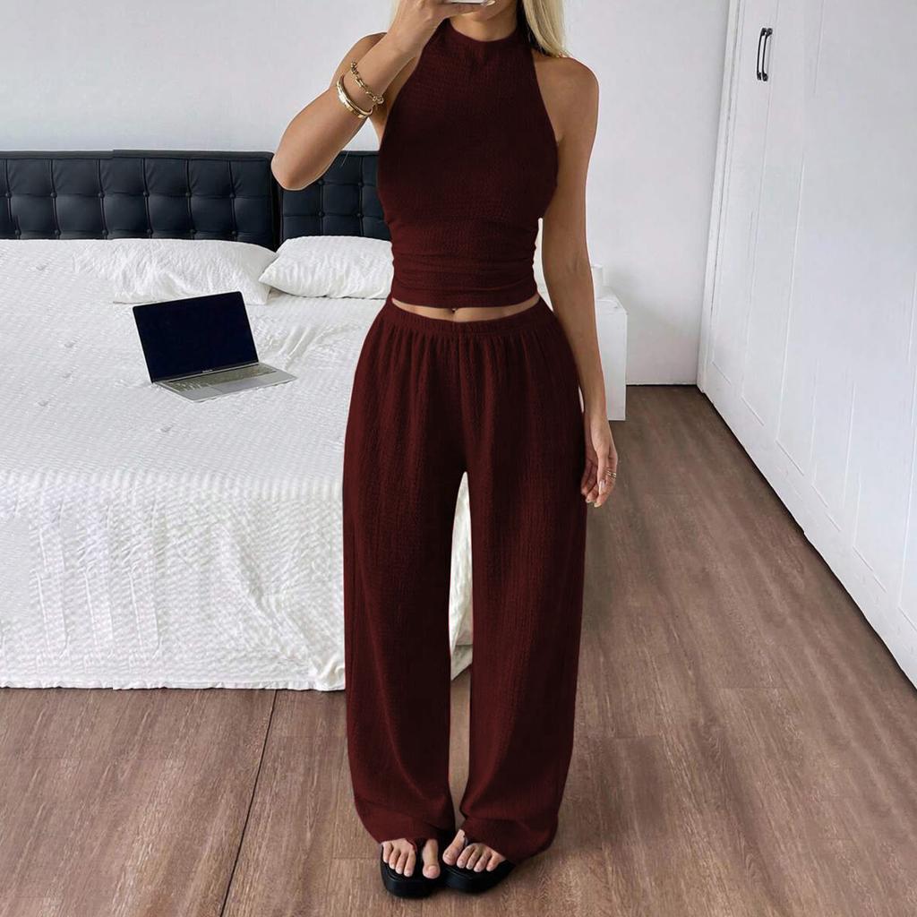 Women’s Two Piece Set Sleeveless Halter Neck Top and Wide Leg Long Pants Casual Relaxed Fit Outfit for Daily Wear