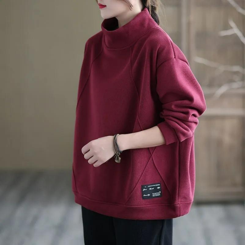 

Sweater Women s Autumn and Winter Solid Color Loose Half-high Collar Pullover Hooded Long-sleeved Plus Velvet Thick Top 3XL червоний